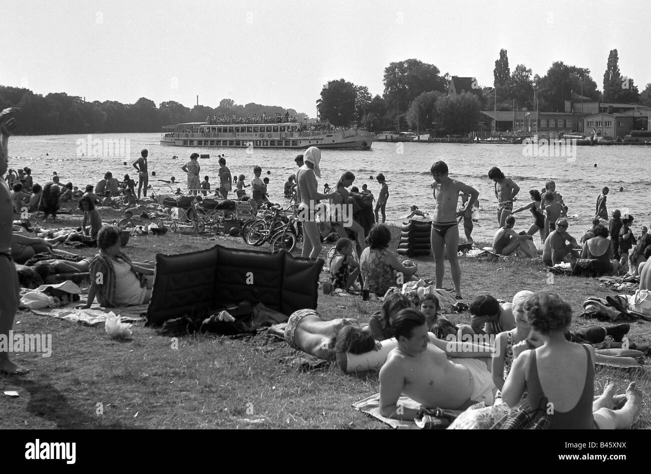 bathing, Müggelsee lido, Berlin, 1973, excusion boat 'Friedrich Wolf', Stock Photo