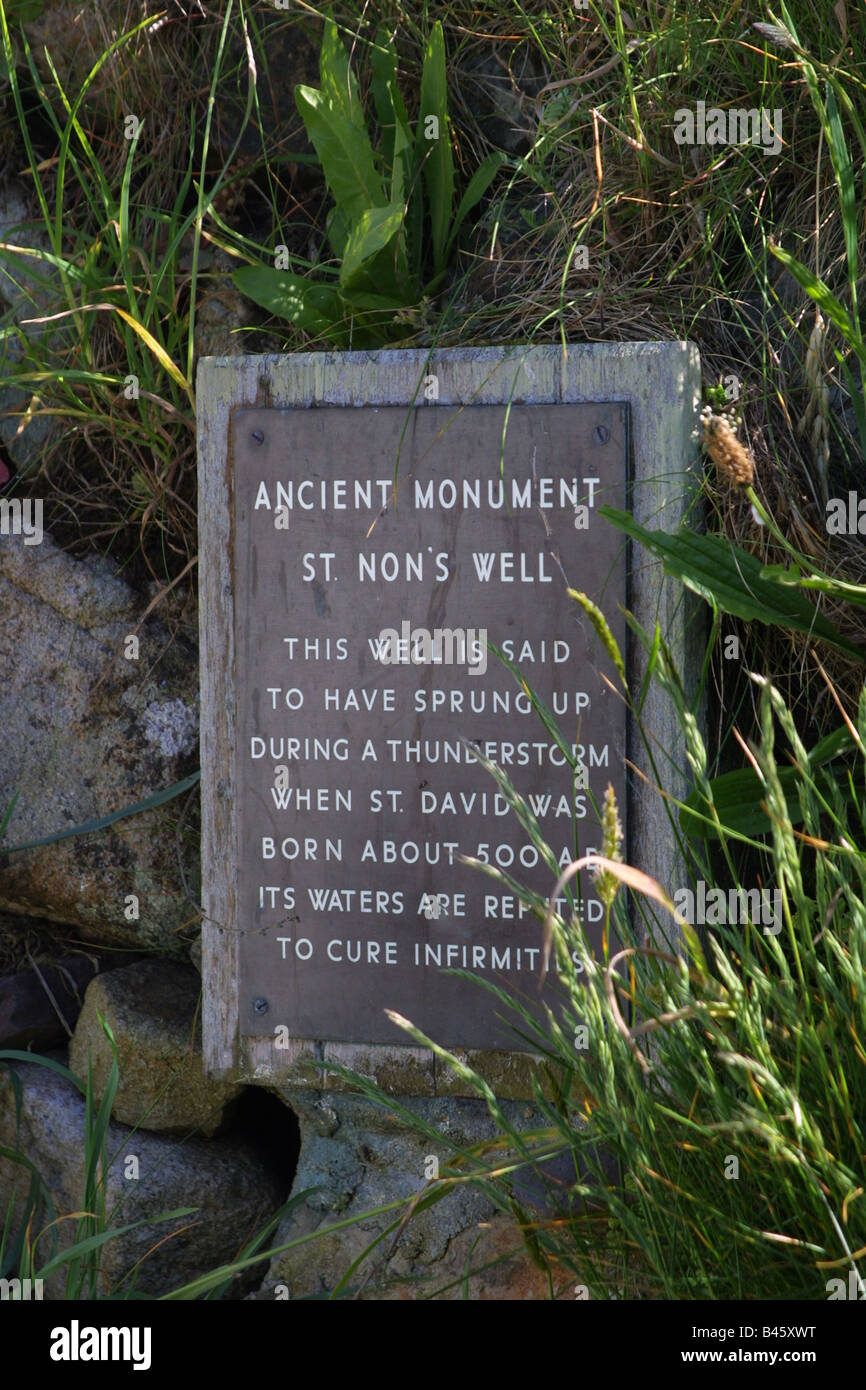 St Nons Well Sign Plaque.near St davids birth place Pembrokeshire.  20068 Solva Stock Photo