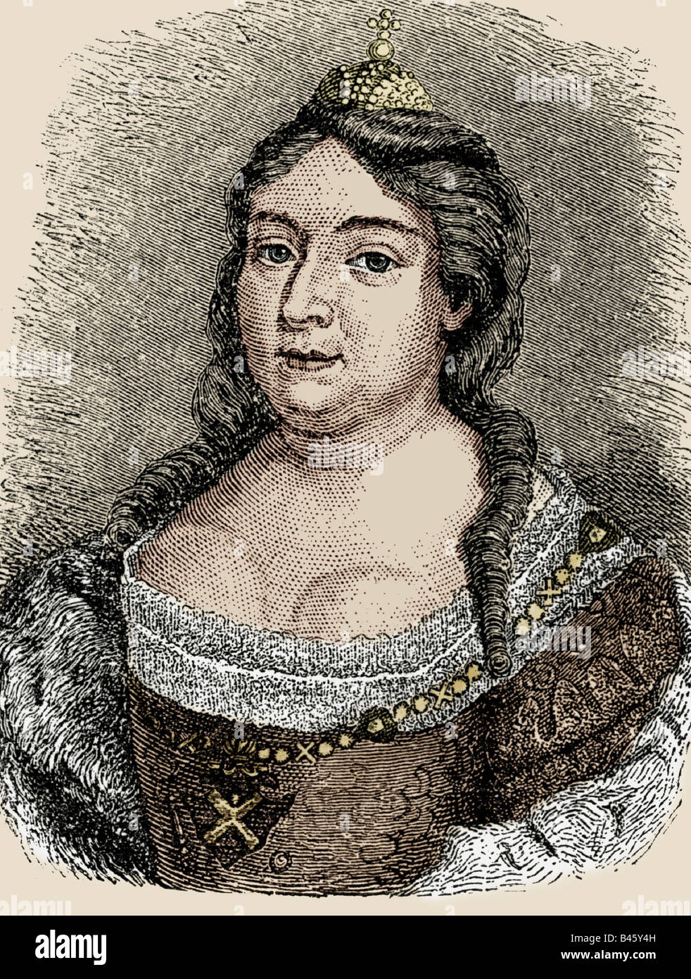 Anna Ivanovna, 25.1.1693 - 28.10.1740, Empress of Russia 25.2.1730 - 28.10.1740, portrait, wood engraving, 19th century, later coloured, , Stock Photo