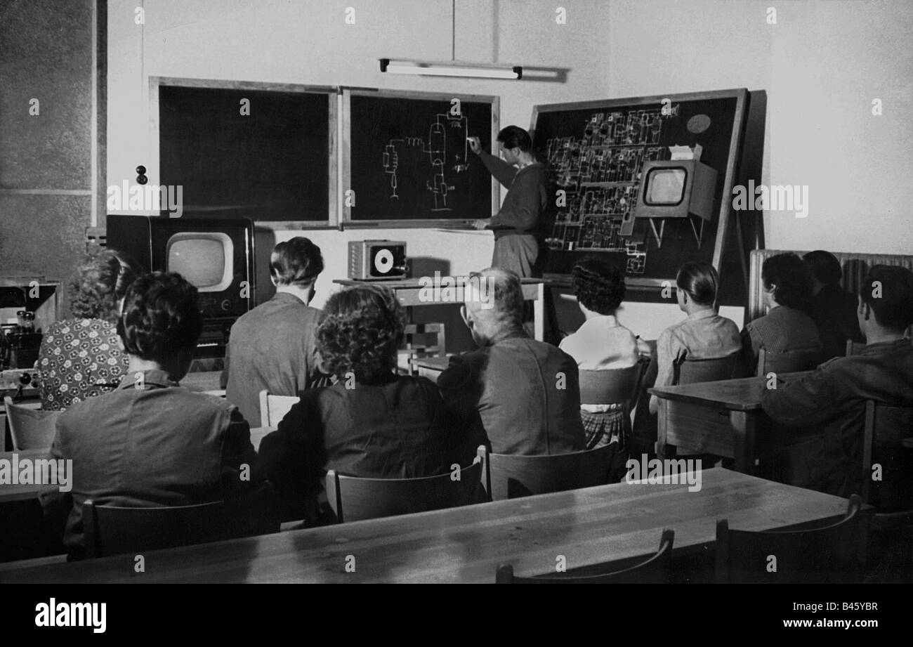 education, school, lesson about television technic, VEB Sachsenwerk Radeberg, GDR, 1956, Stock Photo