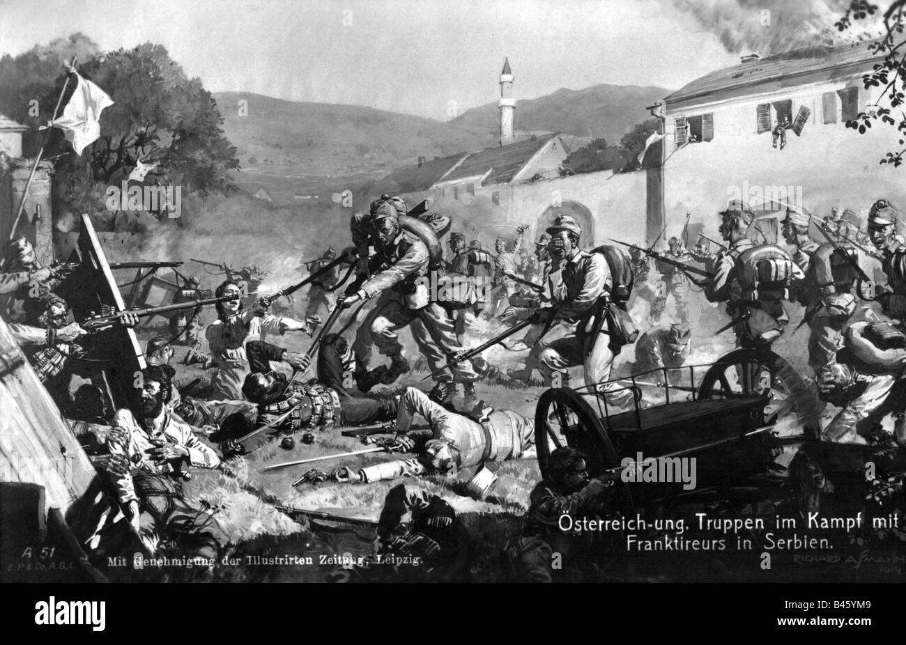 events, First World War / WWI, Balkans, Serbia, Austrian infantry fighting Serbian franctireurs, postcard, drawing by Wilhelm Gause, August 1914, Stock Photo