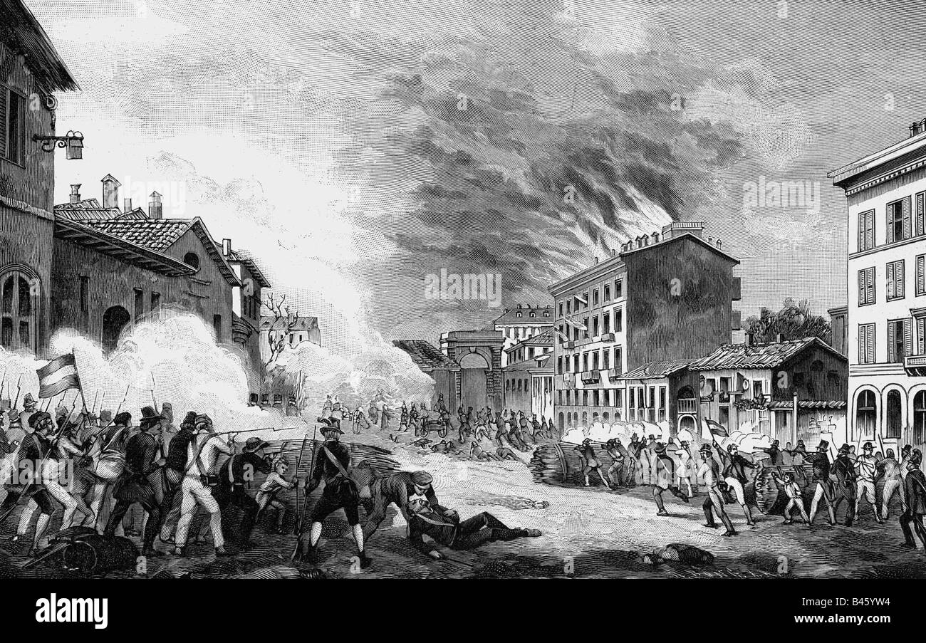 events, revolutions 1848 - 1849, Italy, uprising in Milan, encounter at Porta Tosa, 22.3.1848, wood engraving, 19th century, Lombardy, revolution, revolutionaries, Austria, Austria Empire, historic, historical, Risorgimento, people, Stock Photo