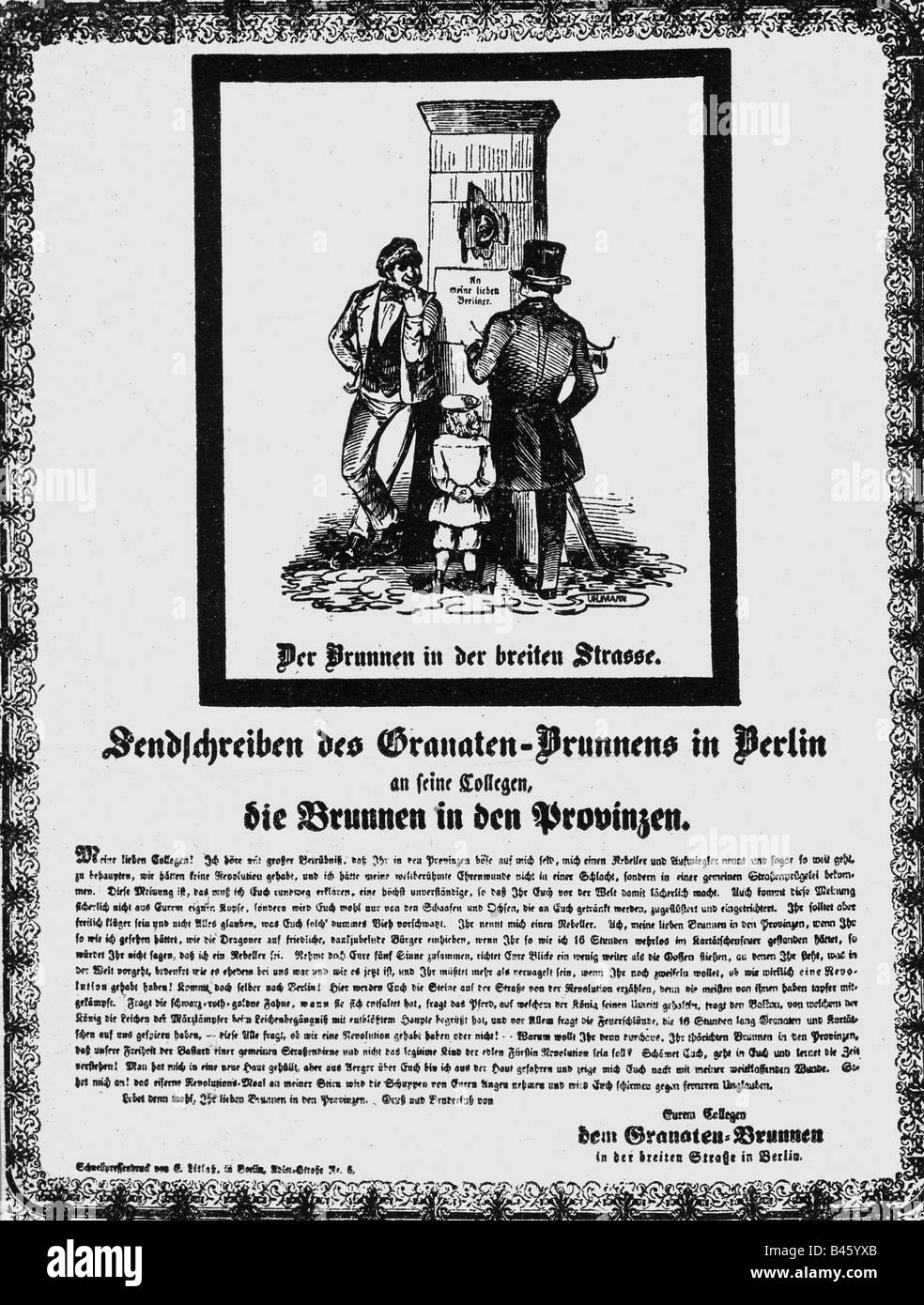 events, revolutions 1848 - 1849, Germany, Prussia, poster, 'Sendschreiben des Granatenbrunnen in Berlin', 1848,   , Stock Photo