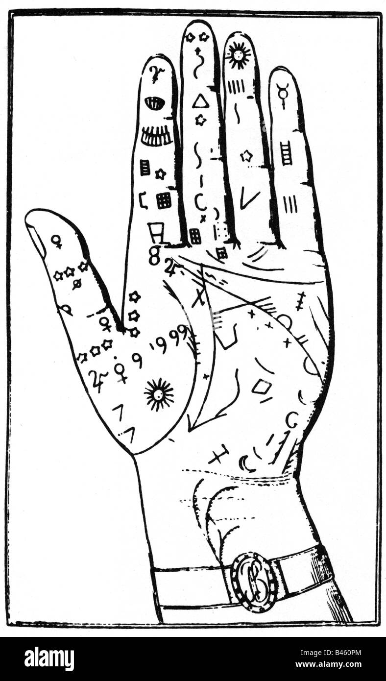 superstition, fortune telling, hand analysis, left hand of Emperor Napoleon I of France, engraving, "Memoires historiques" by Marie Anne Le Normand, 1820, ...