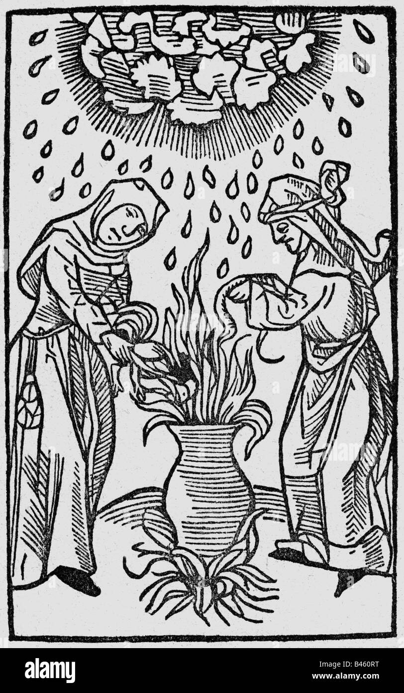 witches, witches making rain, woodcut, 'Tractatus de lamiis et phitonicis mulieribus' by Ulrich Molitor, Ulm, 1489, , Stock Photo