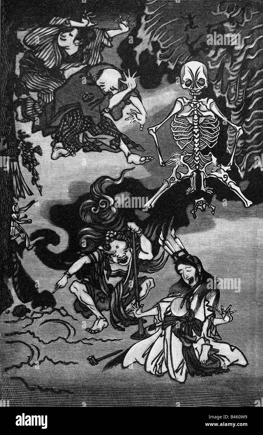superstition, Japan, magic, revenge spell of a left bride, engraving after woodcut by Kawanabe Kyosai, 2nd half 18th century, witchcraft, fabulous creatures, death, skeleton, woman, women, Asia, fine arts, Edo period, historic, historical, people, female, Stock Photo