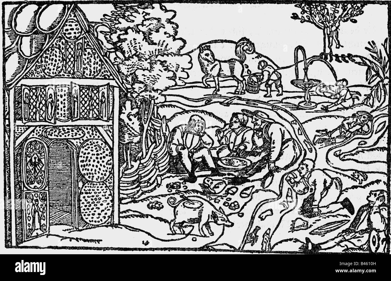 literature, fairy tale, Cockaigne, woodcut to the poem 'Das Schlaraffenland' by Hans Sachs, 1530, , Stock Photo