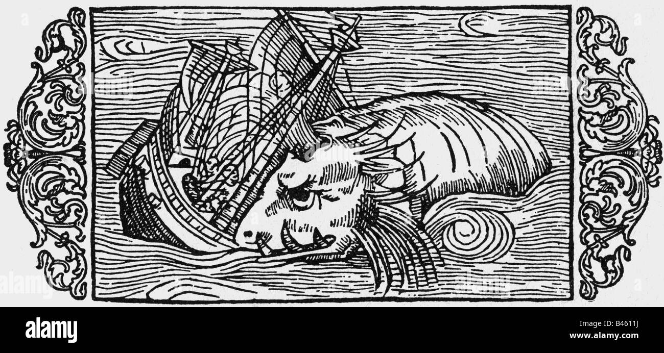 superstition, mythical creatures, wale attacking a ship, woodcut, 'Historia de gentibus septentrionalibus' by Olaus Magnus, Rome, 1555, , Stock Photo