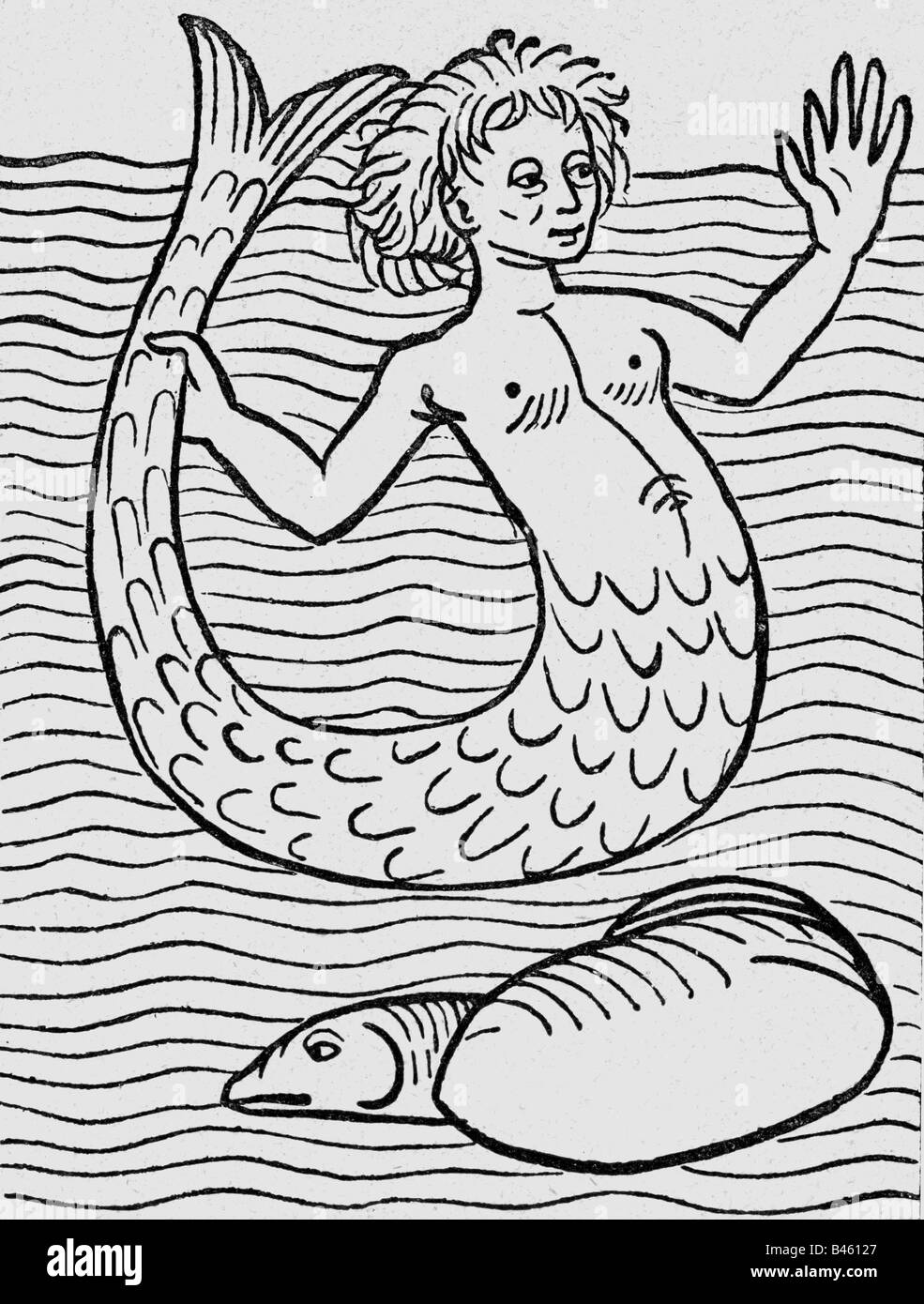 superstition, mythical creatures, mermaid, woodcut, 'Hortus sanitatis', printed by Jakob Meydenbach, Mainz, 1491, , Stock Photo