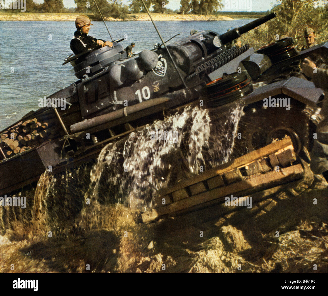 Wehrmacht Panzer Emerges German tank crosses a river on the Eastern Front early in the Russian campaign in WW II Stock Photo