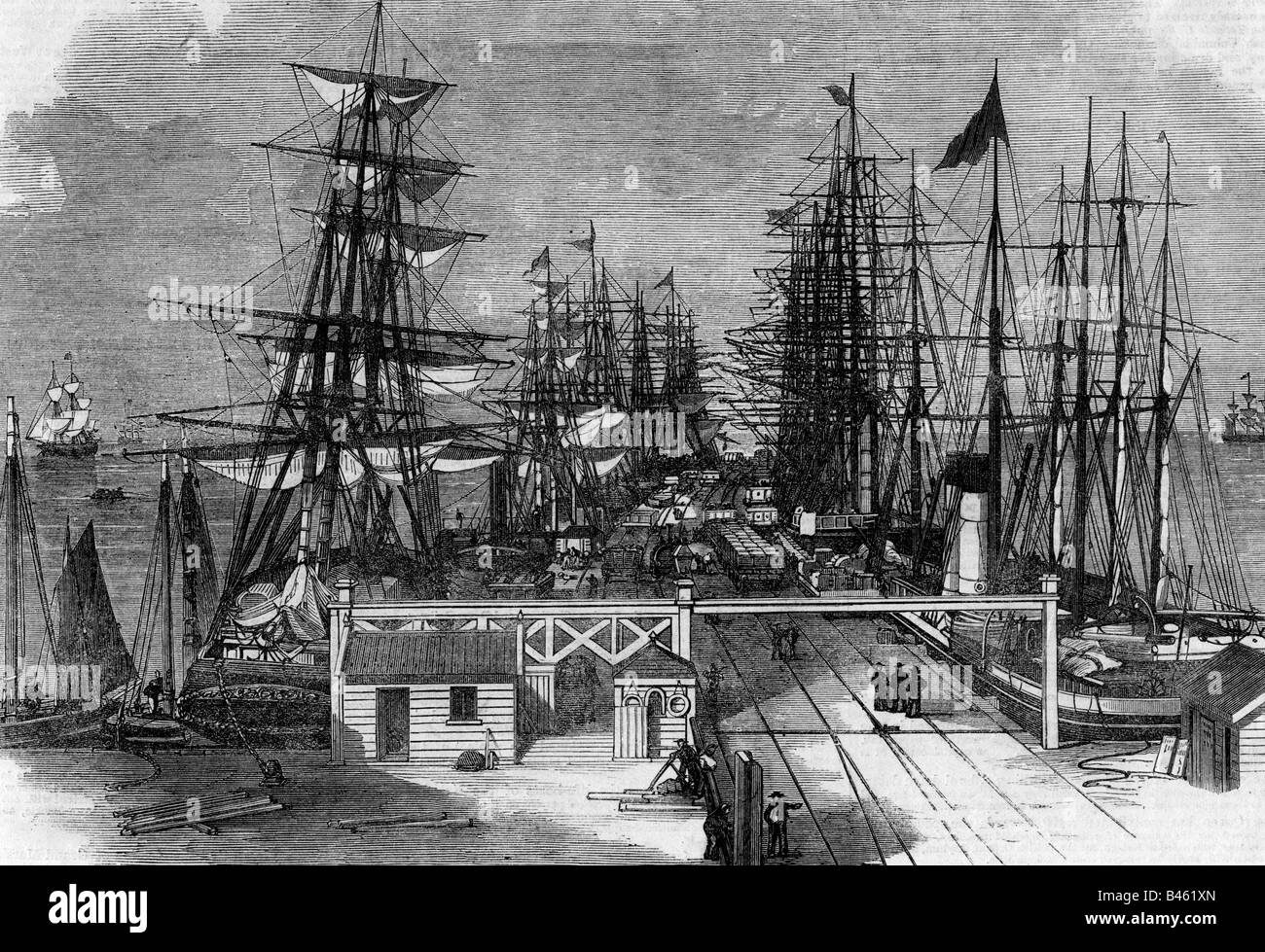 geography / travel, Austalia, Melbourne, harbour, view, wood engraving