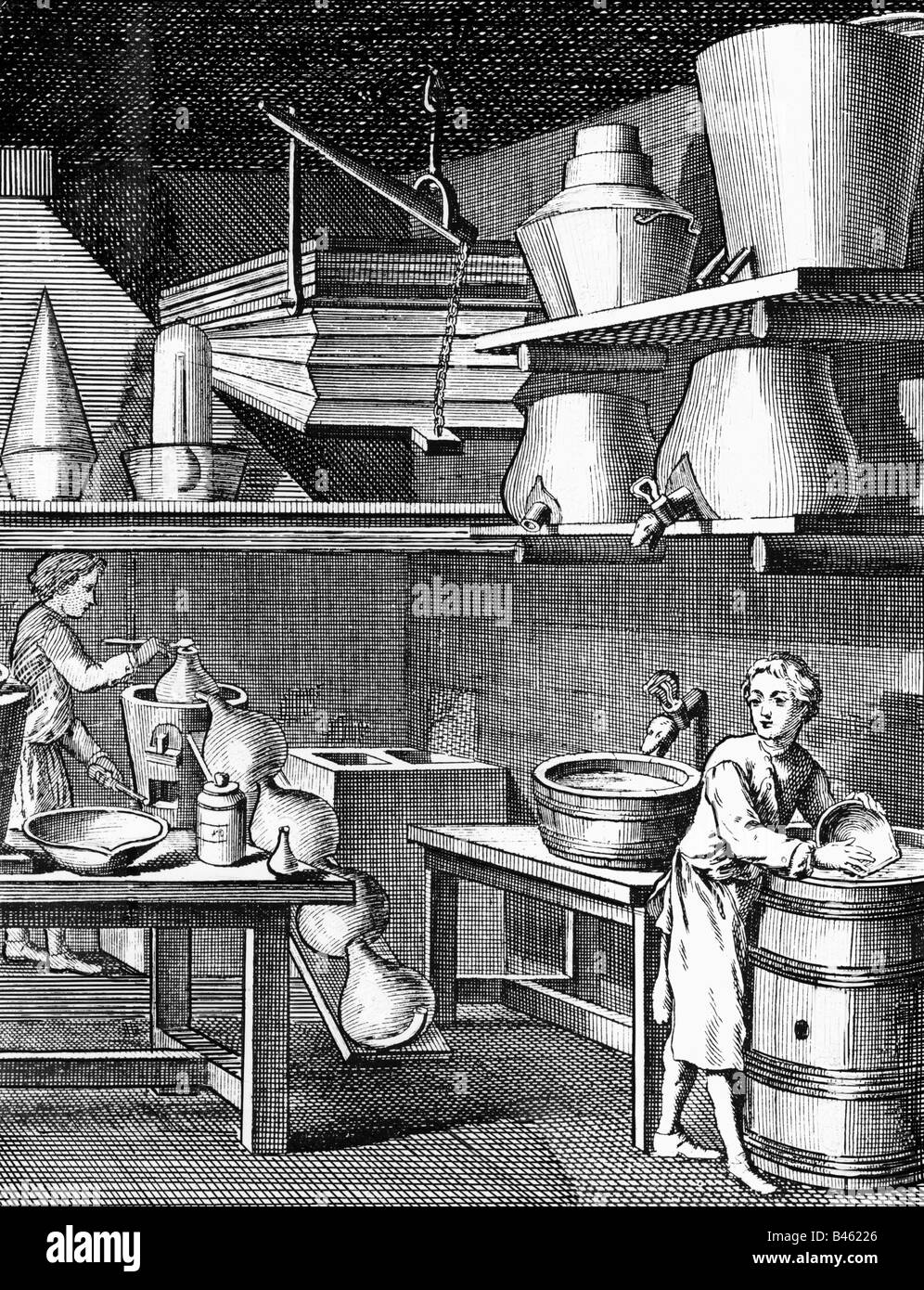 alchemy, laboratories, woodcut, 17th century, Stock Photo