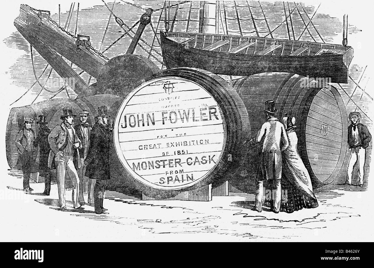 alcohol, sherry, monster cask of John fowler company for the world exposition, London docks, wood engraving, 1851, Stock Photo