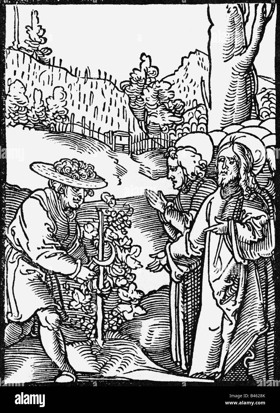 alcohol, wine, production, culture of the grapevine, 'Parable of the Vinyard', woodcut by Hans Leonhard Schaeufelin (circa 1480/1485 - circa 1538/1540), , Stock Photo