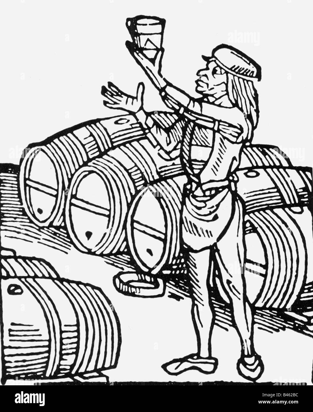 alcohol, wine, wine tasting, woodcut, 15th century, middle ages