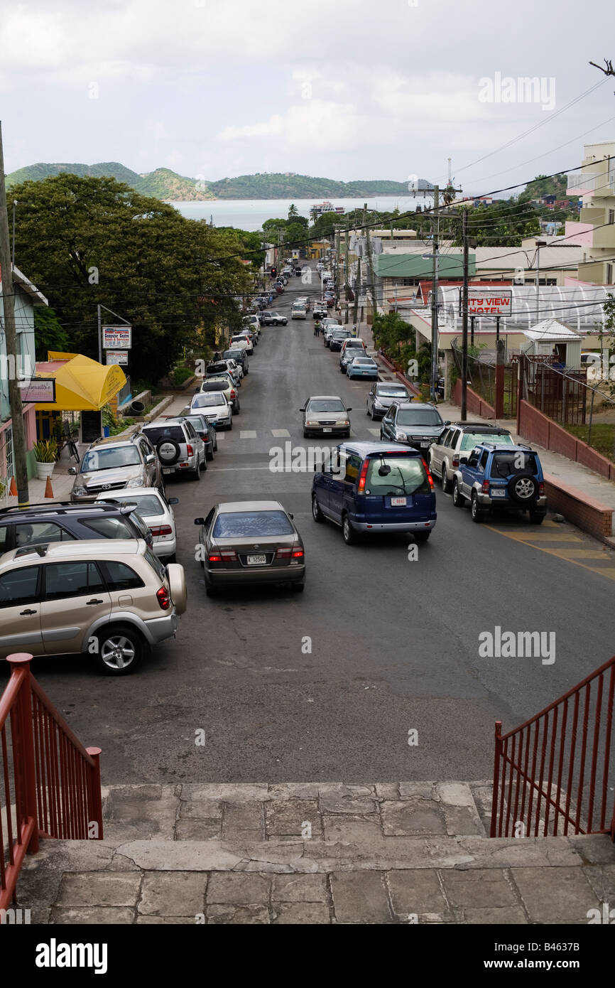 Newgate Street in the capitol of Antigua St John's viewed from St John's Cathedral towards the harbour Stock Photo