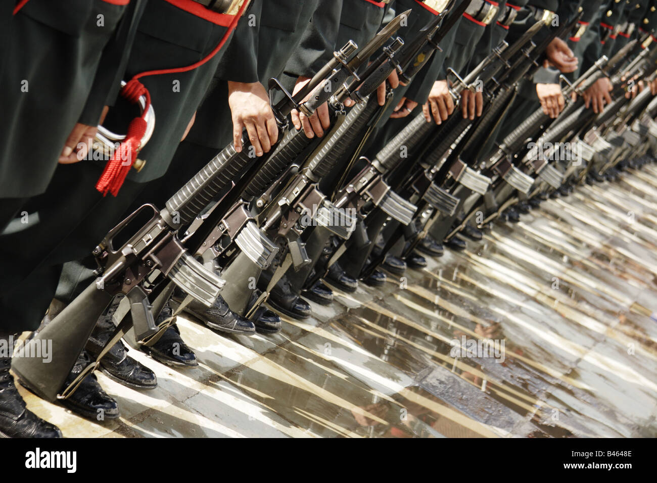 Nepalese soldiers of the Presidential Guarde on Durbar Square in Kathmandu during the Indra Jatra festival Stock Photo