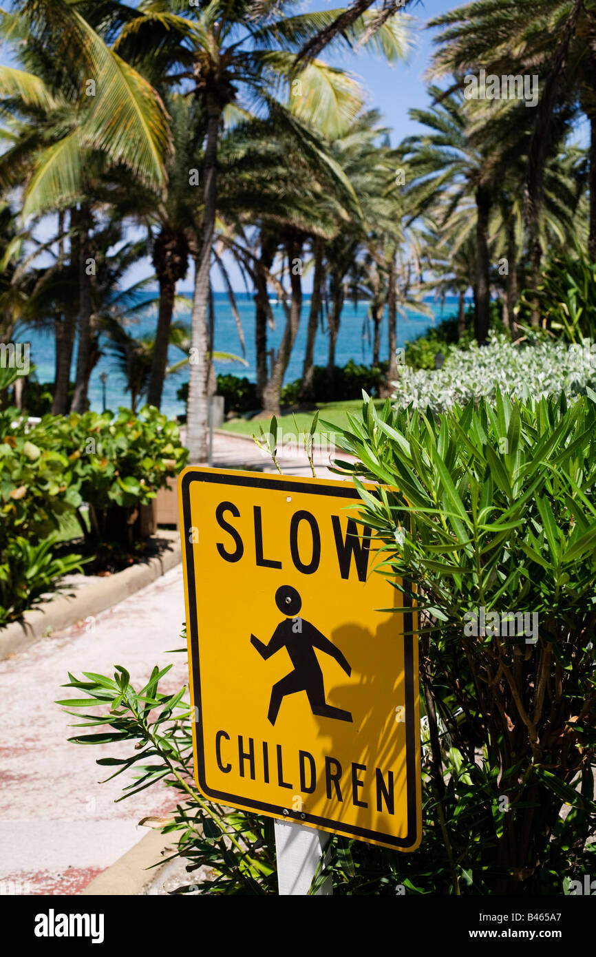 Warning sign for children on the way to a beach on the Carribean island ...