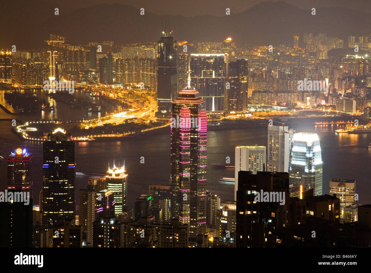 China, Hong Kong, View from Victoria Peak to Kowloon, night Stock Photo