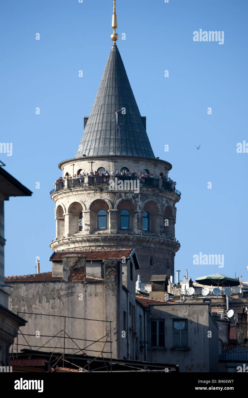 Galata Tower Kulesi crowded with Tourists Beyoglu Istanbul Turkey Stock Photo