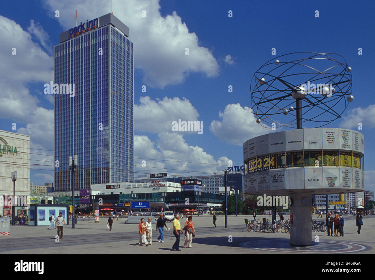 Alexanderplatz square, world clock, Park Inn Hotel, Berlin Mitte district, Germany, Europe. Stock Photo