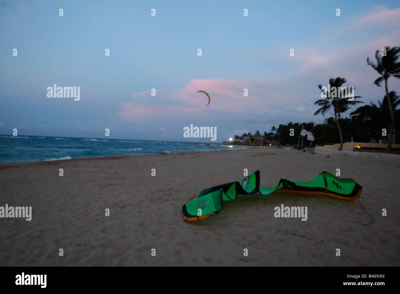 kite boarding at kite beach in the Dominican Republic at sunset Stock