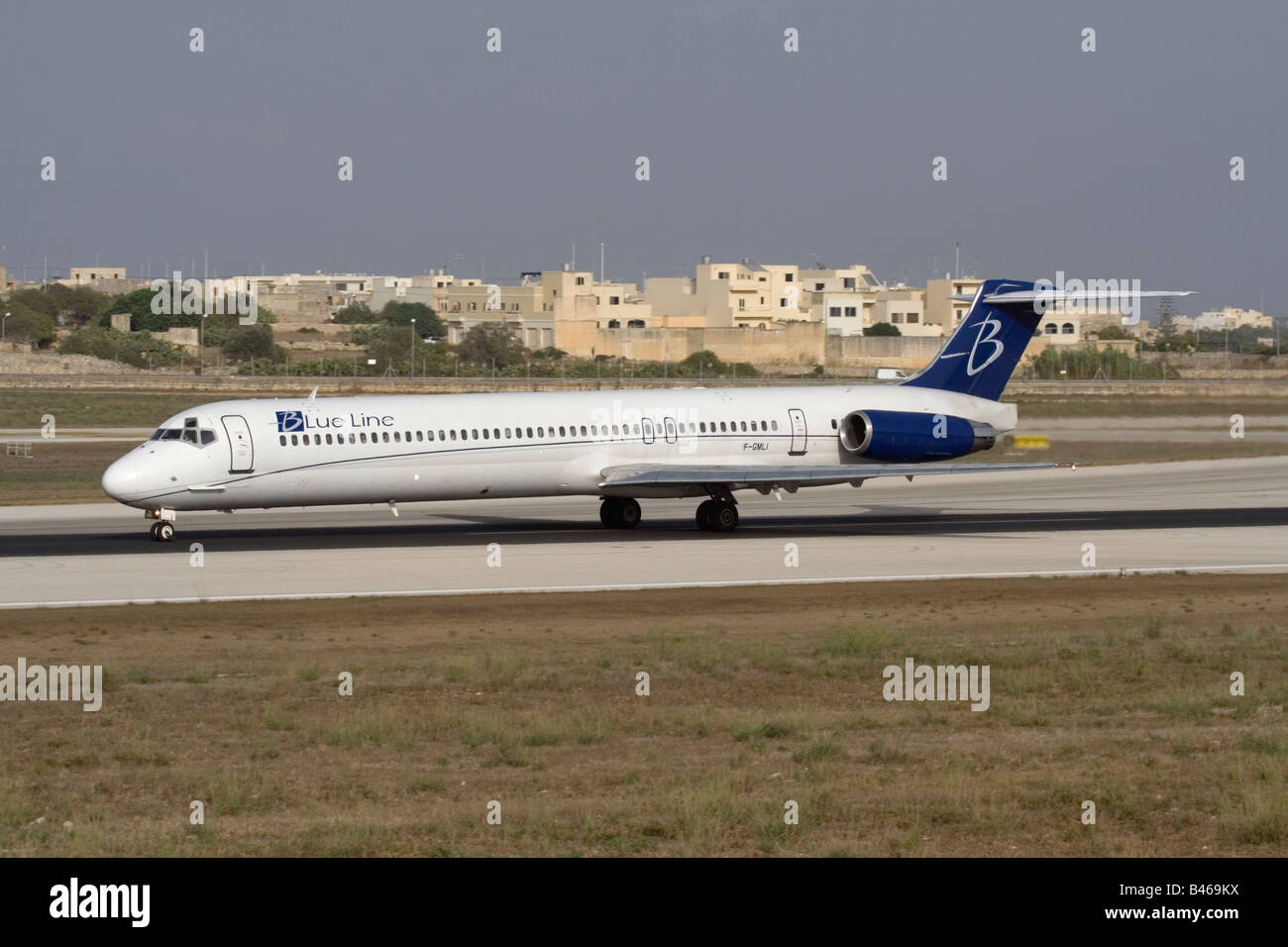 Blue Line MD-83 jet plane accelerating on the runway at Malta International Airport Stock Photo
