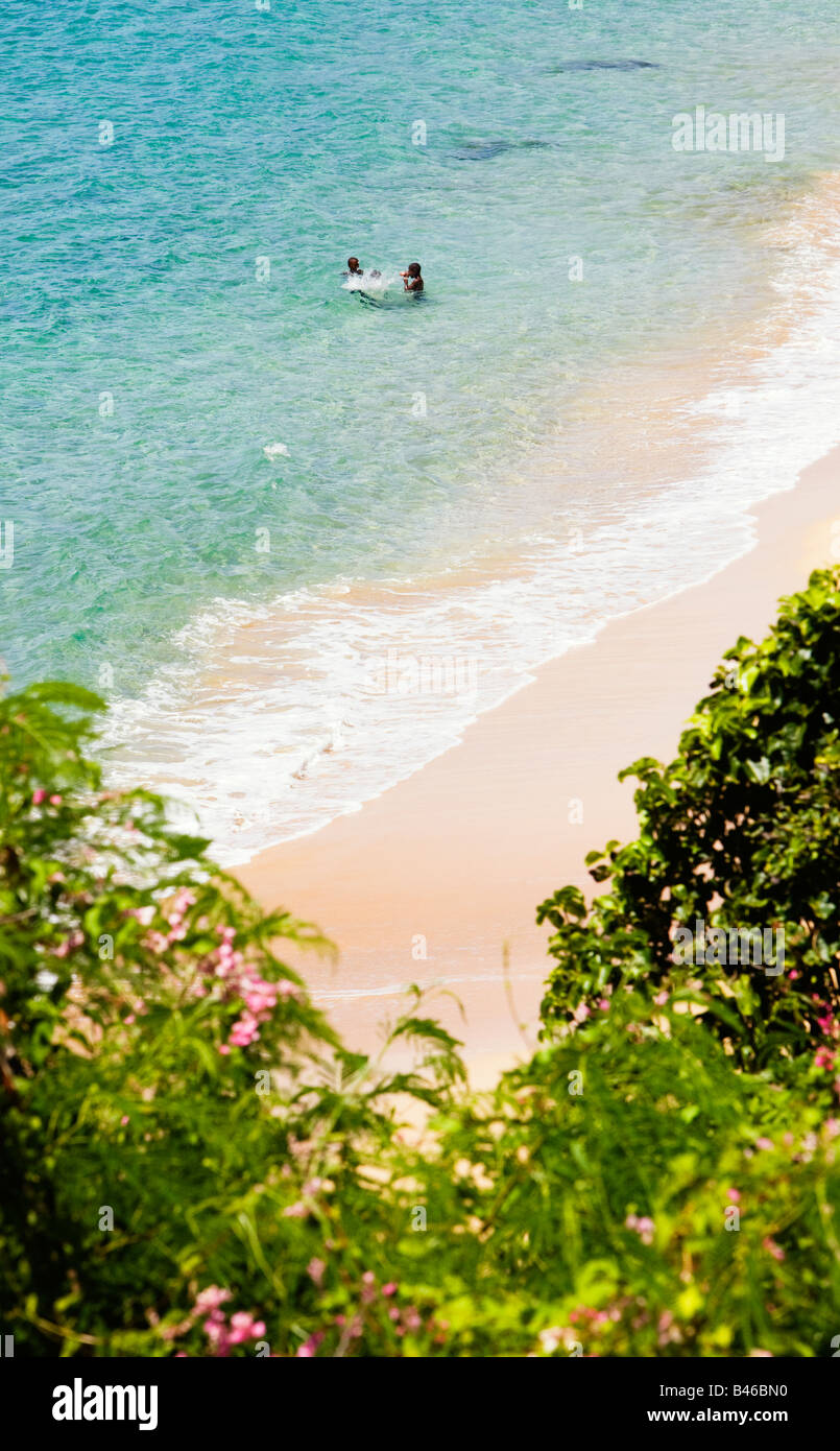 Boys playing in the sea off Curtain Bluff beach on the Carribean island of Antigua Stock Photo