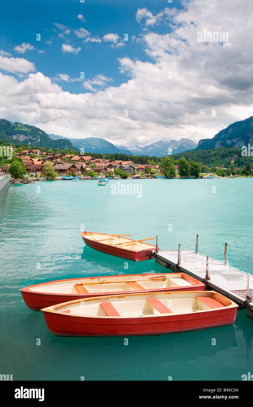 Rowboats on Lake Brienz in the district of Interlaken in the canton of ...