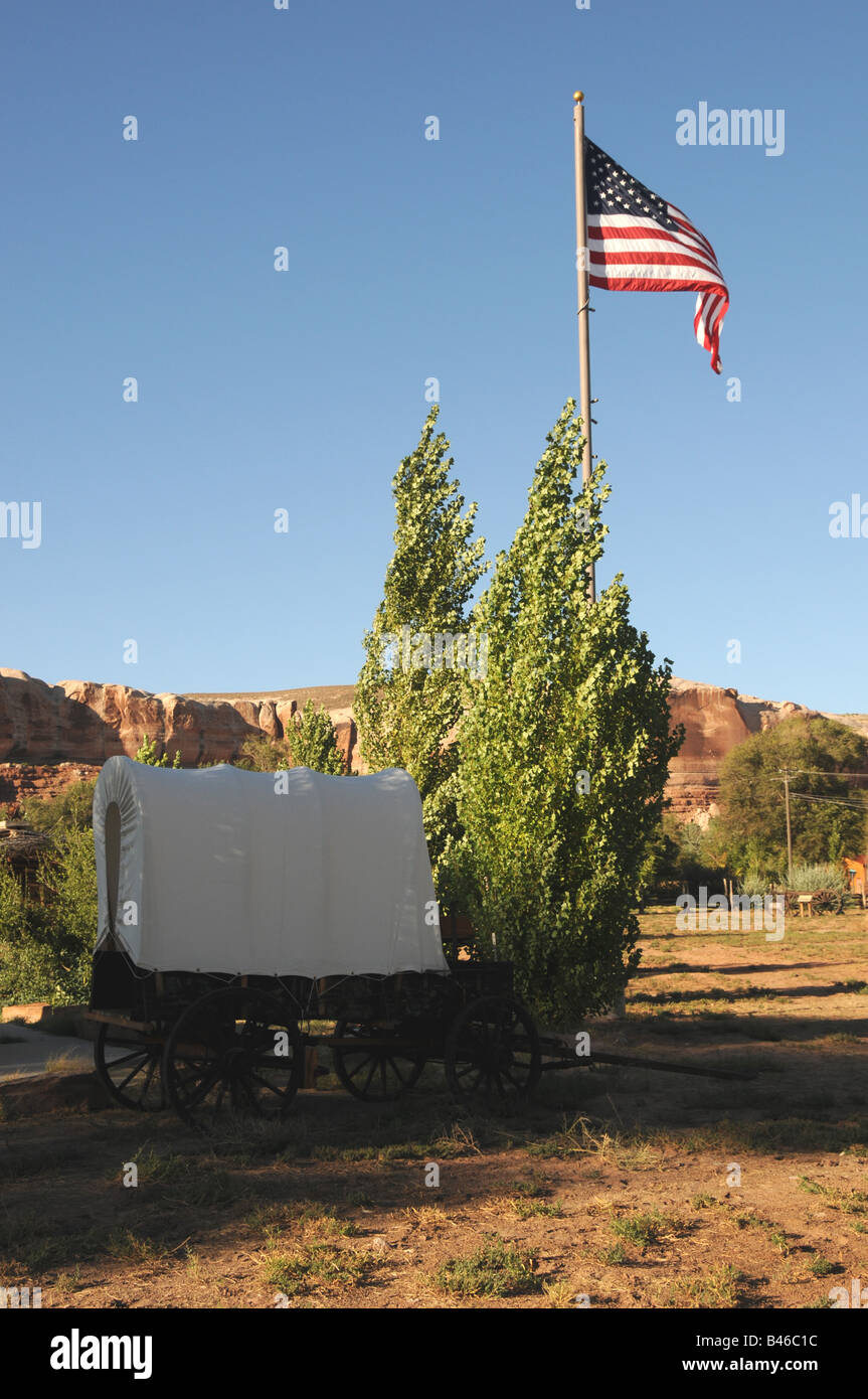 Covered wagon at Bluff Fort Historic Site, Utah, a replica of the kind the first Mormon settlers arrived in. Stock Photo