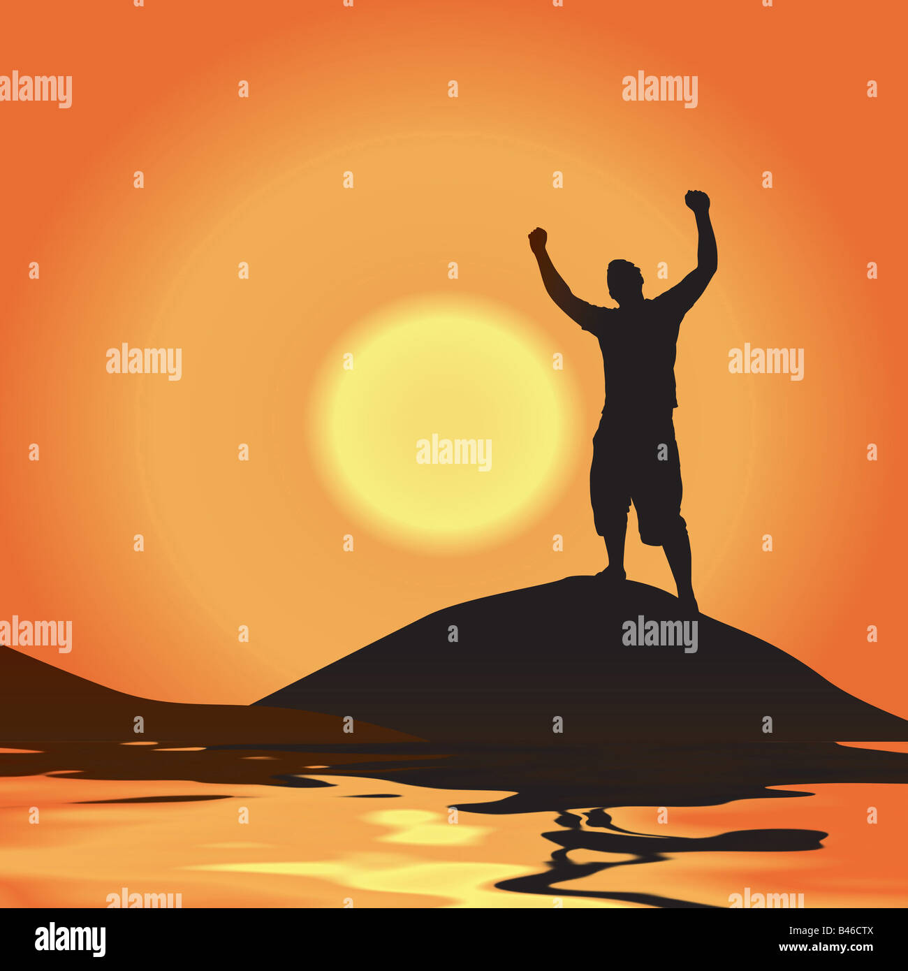 A silhouette of a man atop a mountain with his arms raised up in the ...