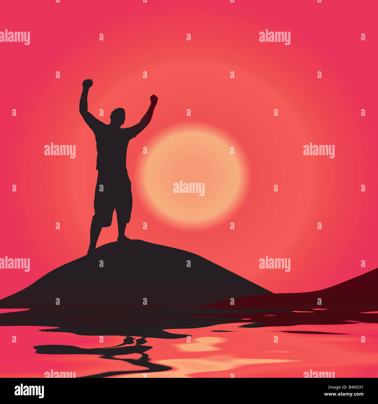 A silhouette of a man atop a mountain with his arms raised up in the ...