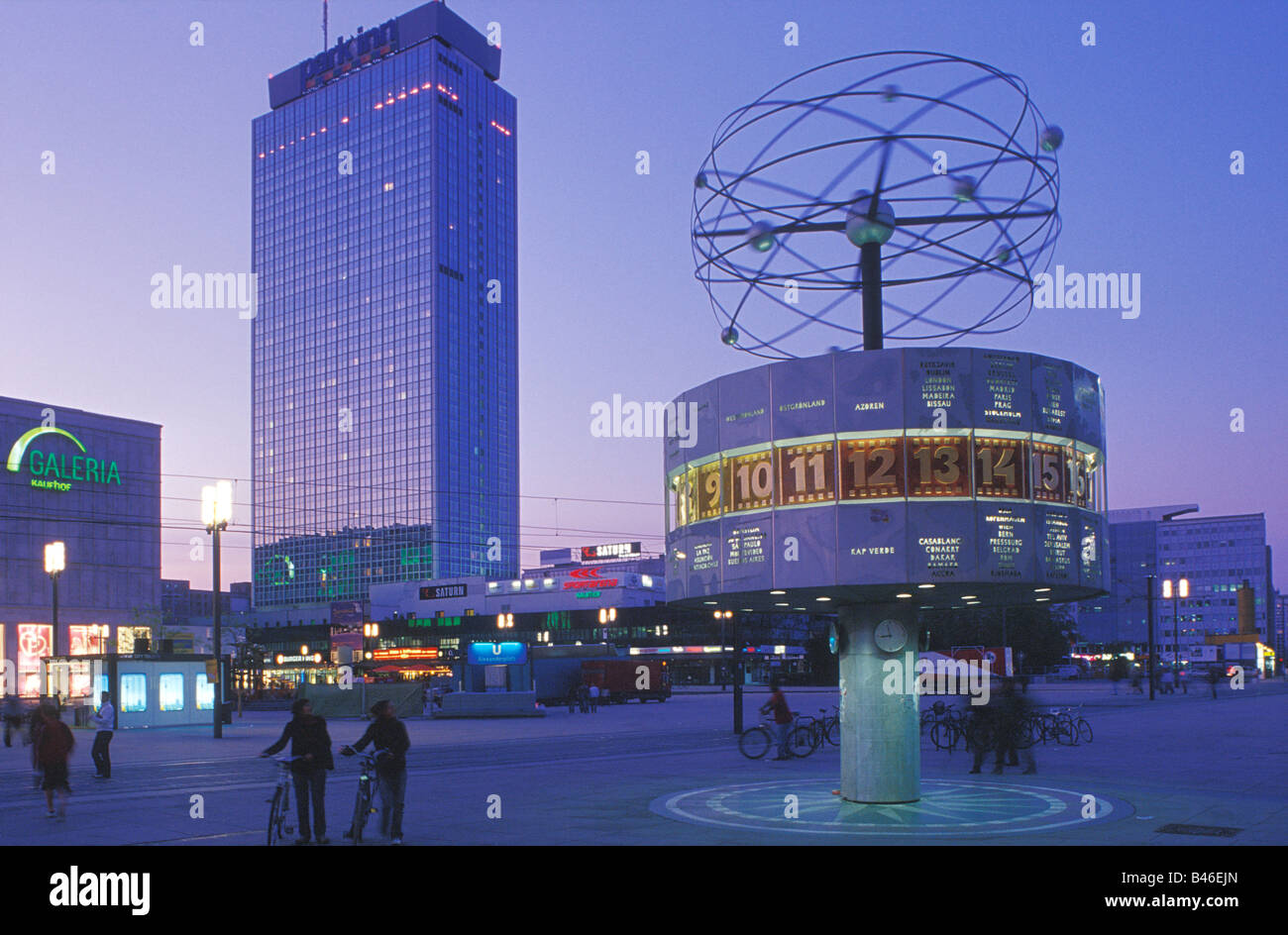 Alexanderplatz square at dusk, world clock, Park Inn Hotel, Berlin Mitte district, Germany, Europe Stock Photo