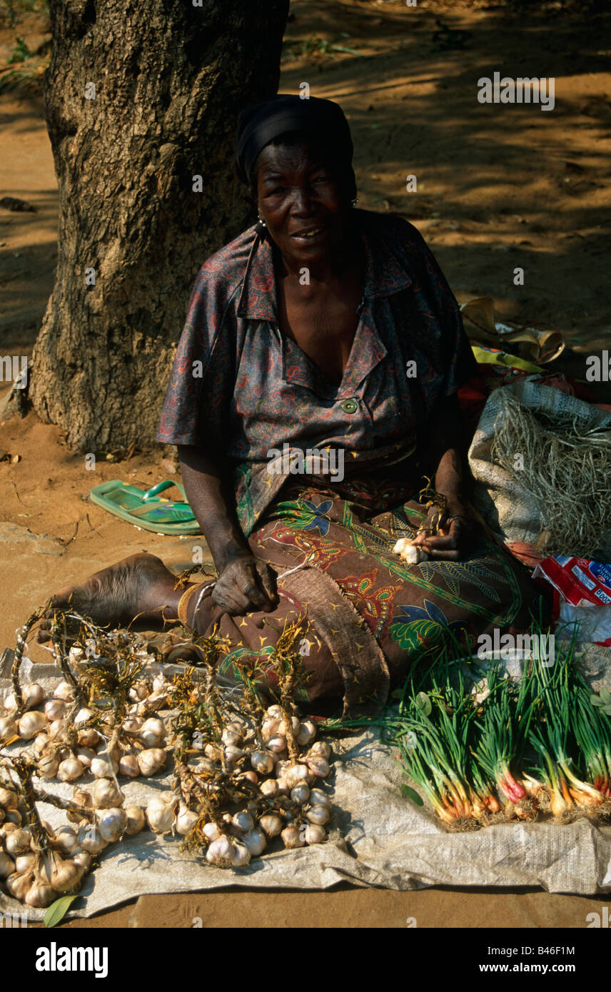 Market Old woman seated on ground Display of garlic and shallots spring onions for sale XAI-XAI GAZA MOZAMBIQUE Stock Photo