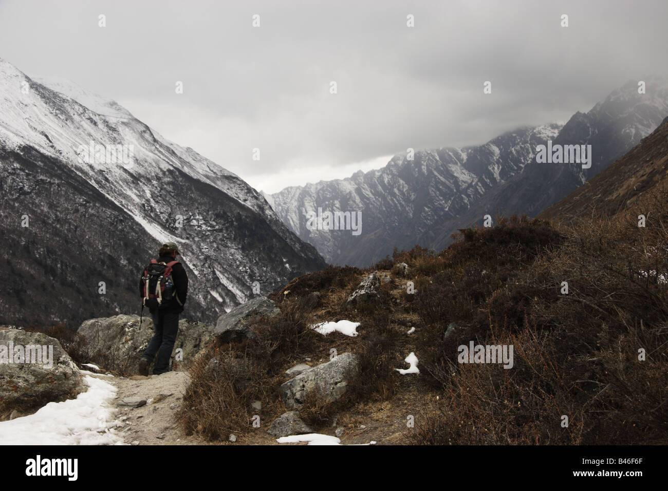 Trekker walking in front of a Himalayan mountain ridge in Langtang ...