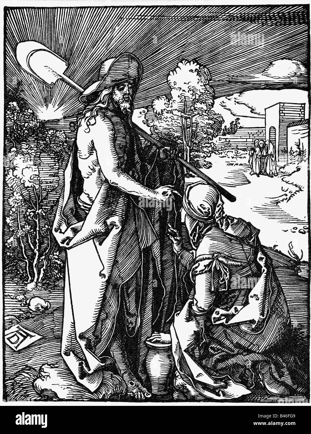 Jesus Christ, full length, Mary Magdalene, saint, figure from the New Testament, woodcut, by Albrecht Duerer (1471 - 1528), from 'Die kleine Holzschnitt-Passion' (The little woodcut passion), Nuremberg, Germany, 1511, Artist's Copyright has not to be cleared Stock Photo