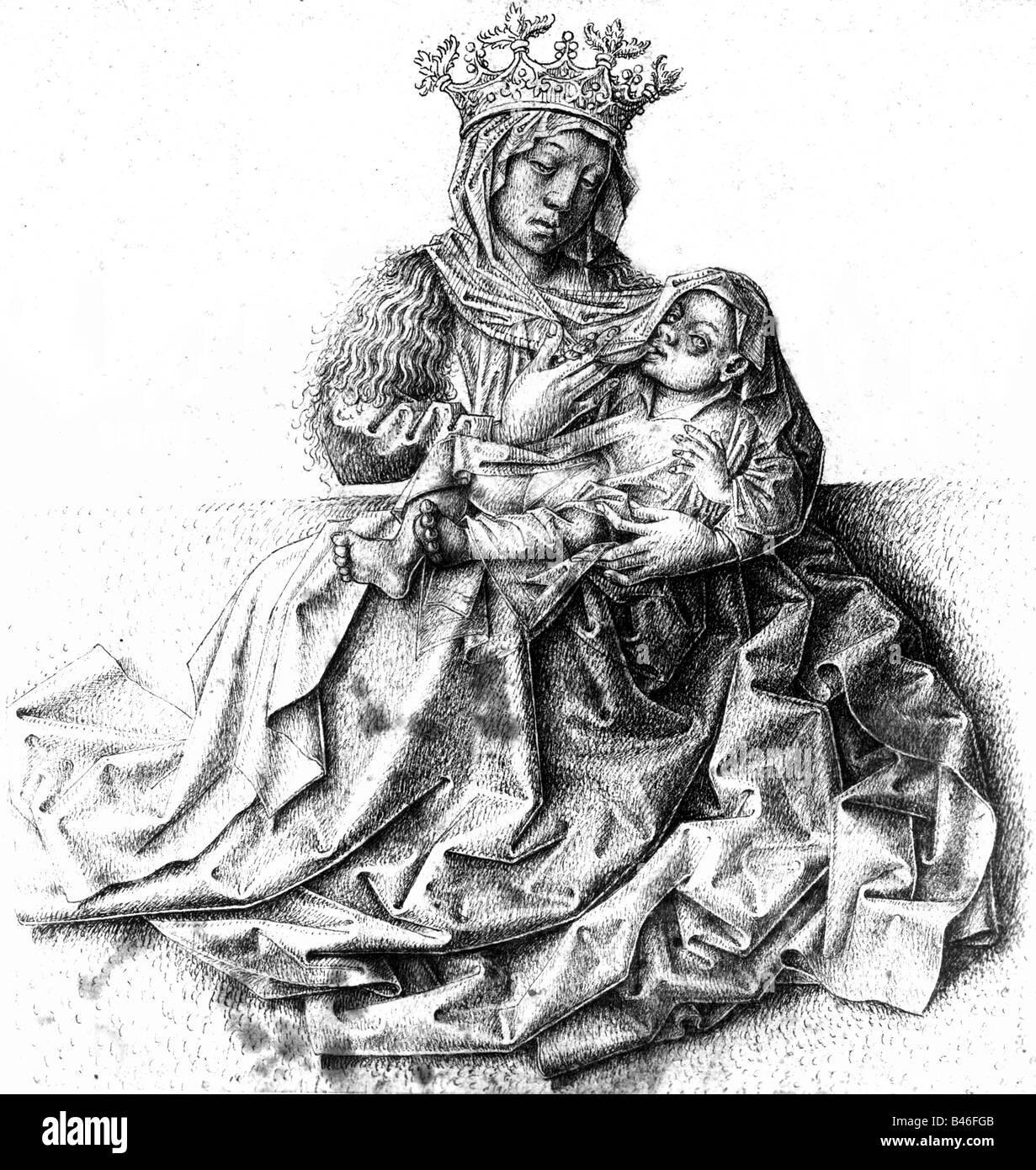 fine arts, religous art, Virgin Mary with child, graphic, 20.3 cm x 19.3 cm, Germany, 15th century, State Graphic Collection, Munich, Jesus Christ, mother of god, religion, Christianity, Christendom, crown, cloak, Middle Ages, graphics, print, prints, historic, historical, people, medieval, Stock Photo