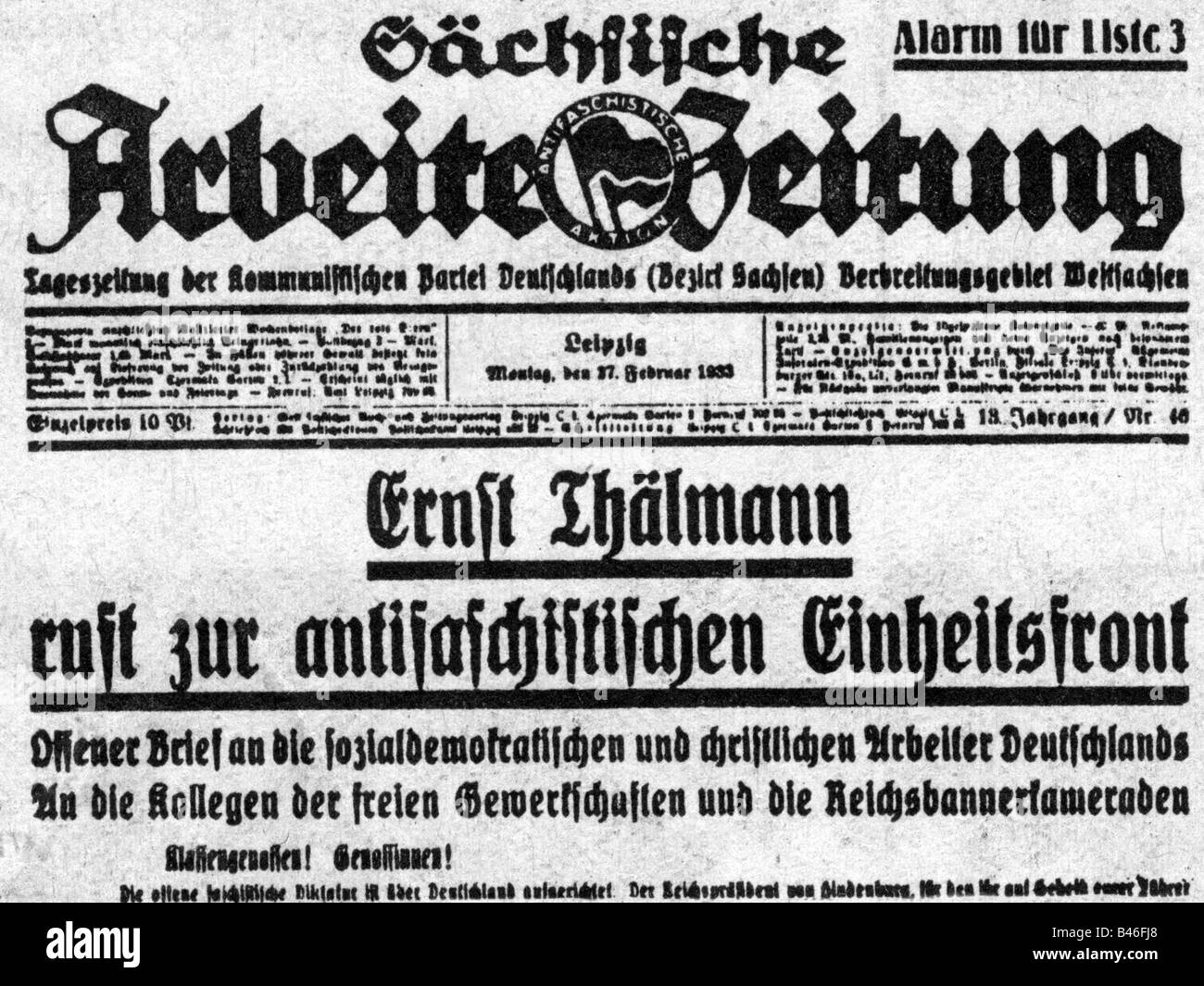 press / media, journals / magazines, 'Saechsische Arbeiterzeitung', 27.2.1933, title, , Stock Photo