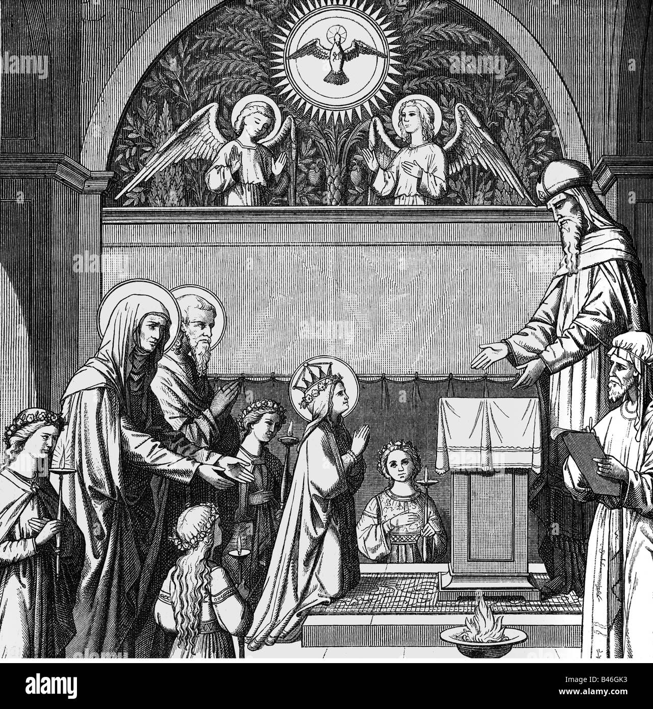 Mary, Mother of Jesus, in the Temple of Jerusalem, wood engraving, Regensburg, 1888, , Stock Photo