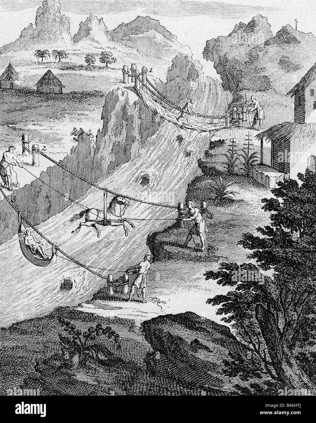 architecture, bridges, rope bridge in the Andes, copper engraving