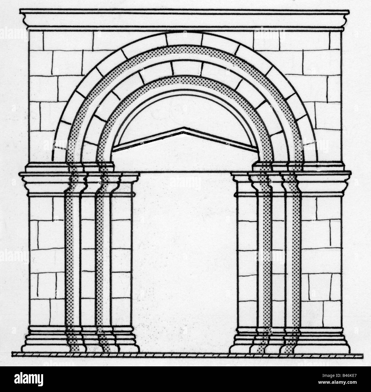 architecture, houses, detail, Romanesque porch, drawing, middle ages ...