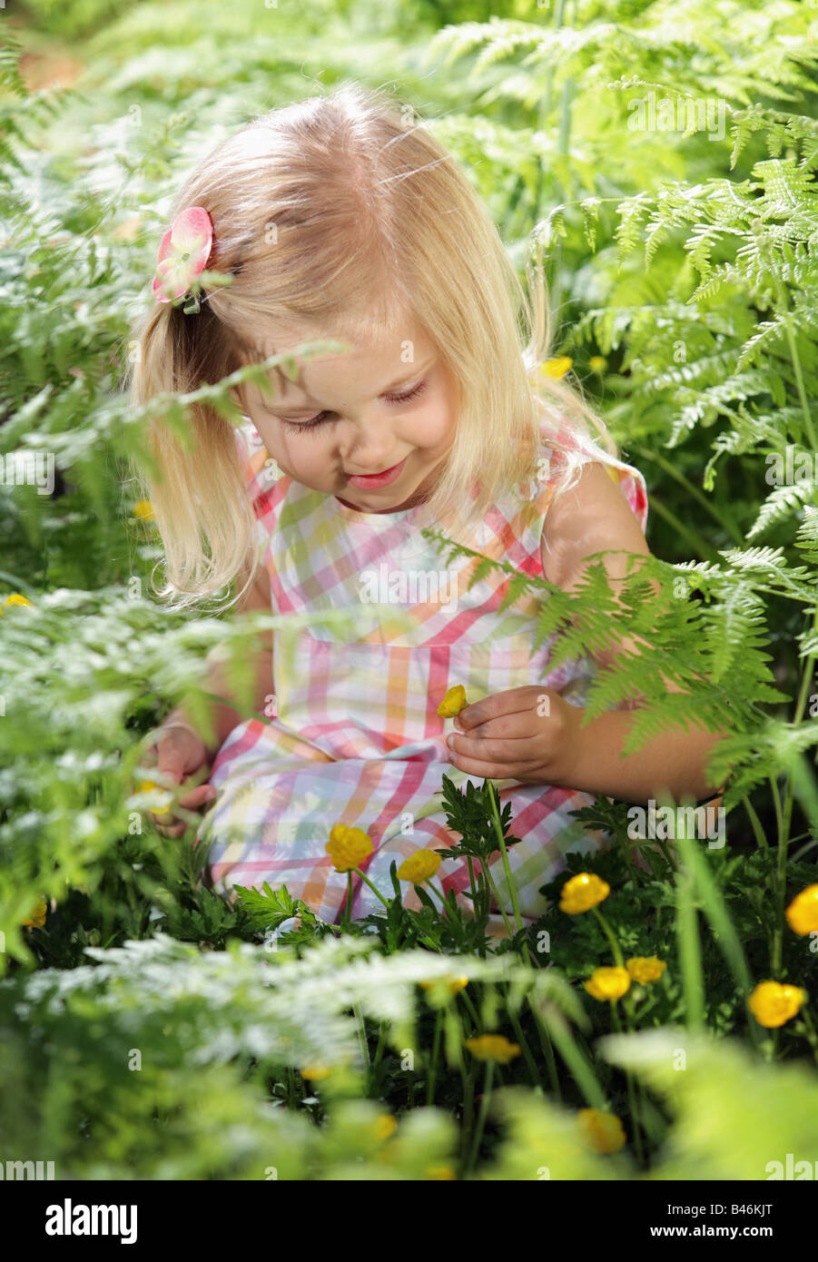 cute little blond girl picking yellow flowers in nature Stock Photo Alamy
