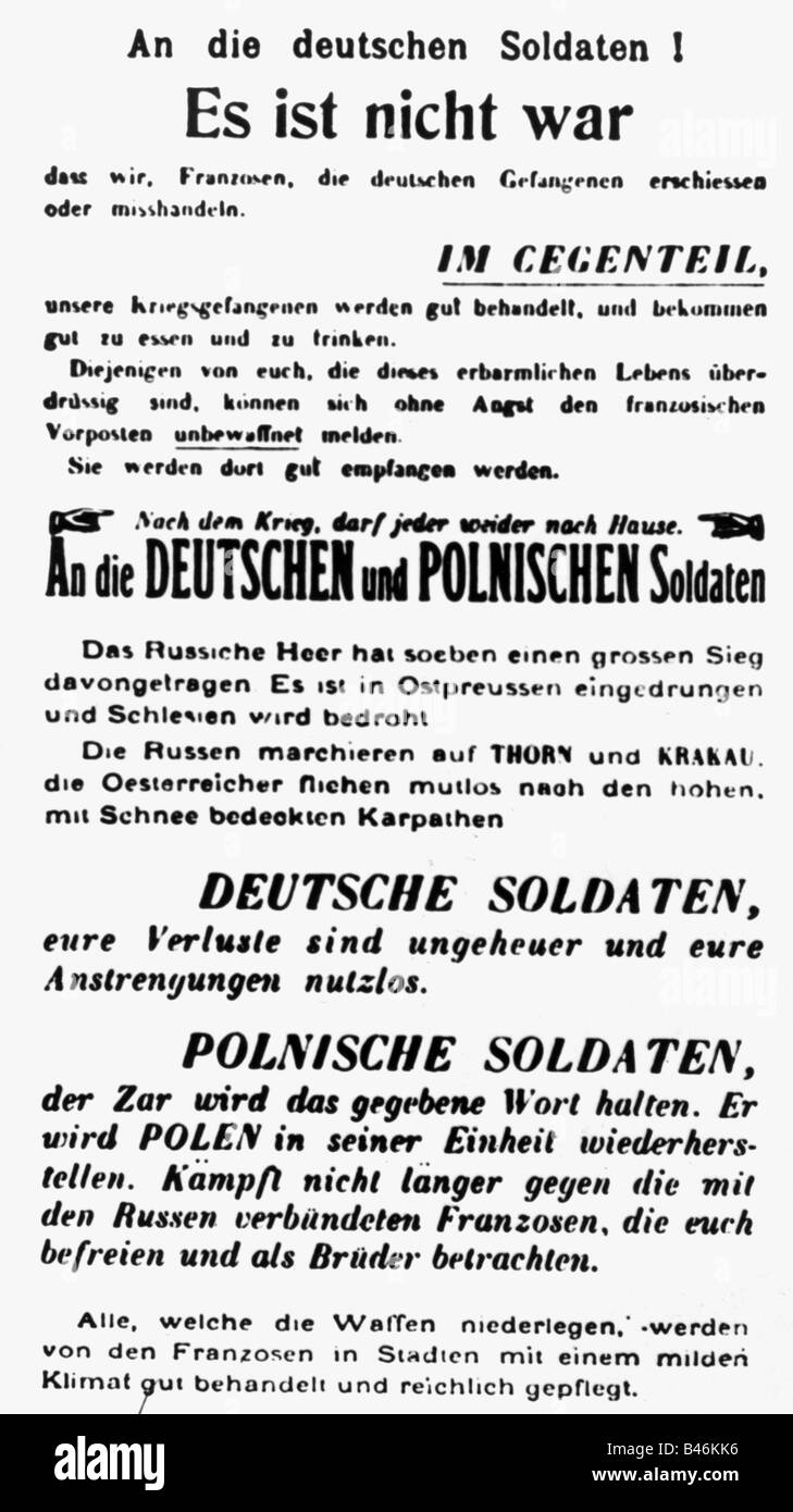 events, First World War / WWI, propaganda, French leaflet 'An die deutschen Soldaten' (To the German soldiers!), appeal to surrender, France, 1914, Stock Photo