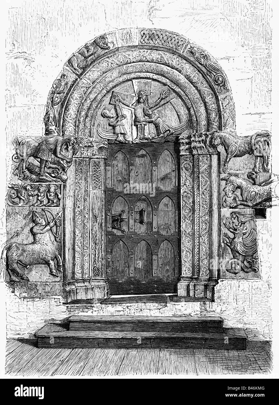 architecture, houses, detail, Romanesque porch, chappel, Tyrol Castle near Meran, South Tyrol, wood engraving, 19th century, middle ages, Austria, Italy, door, historic, historical, medieval, Stock Photo