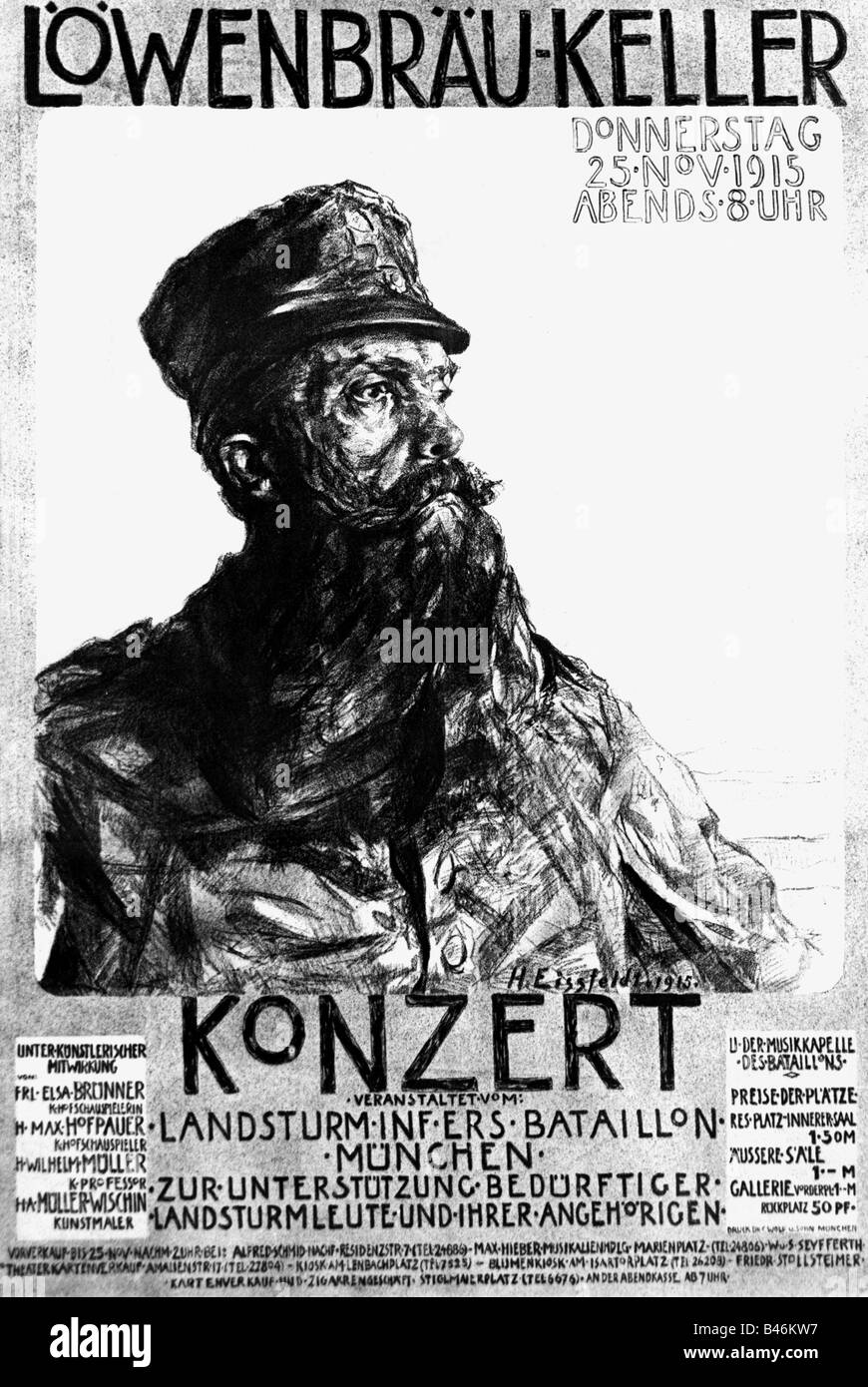 events, First World War / WWI, propaganda, poster, announcement of a military concert at the Munich Loewenbraeukeller, Germany, November 1915, Stock Photo