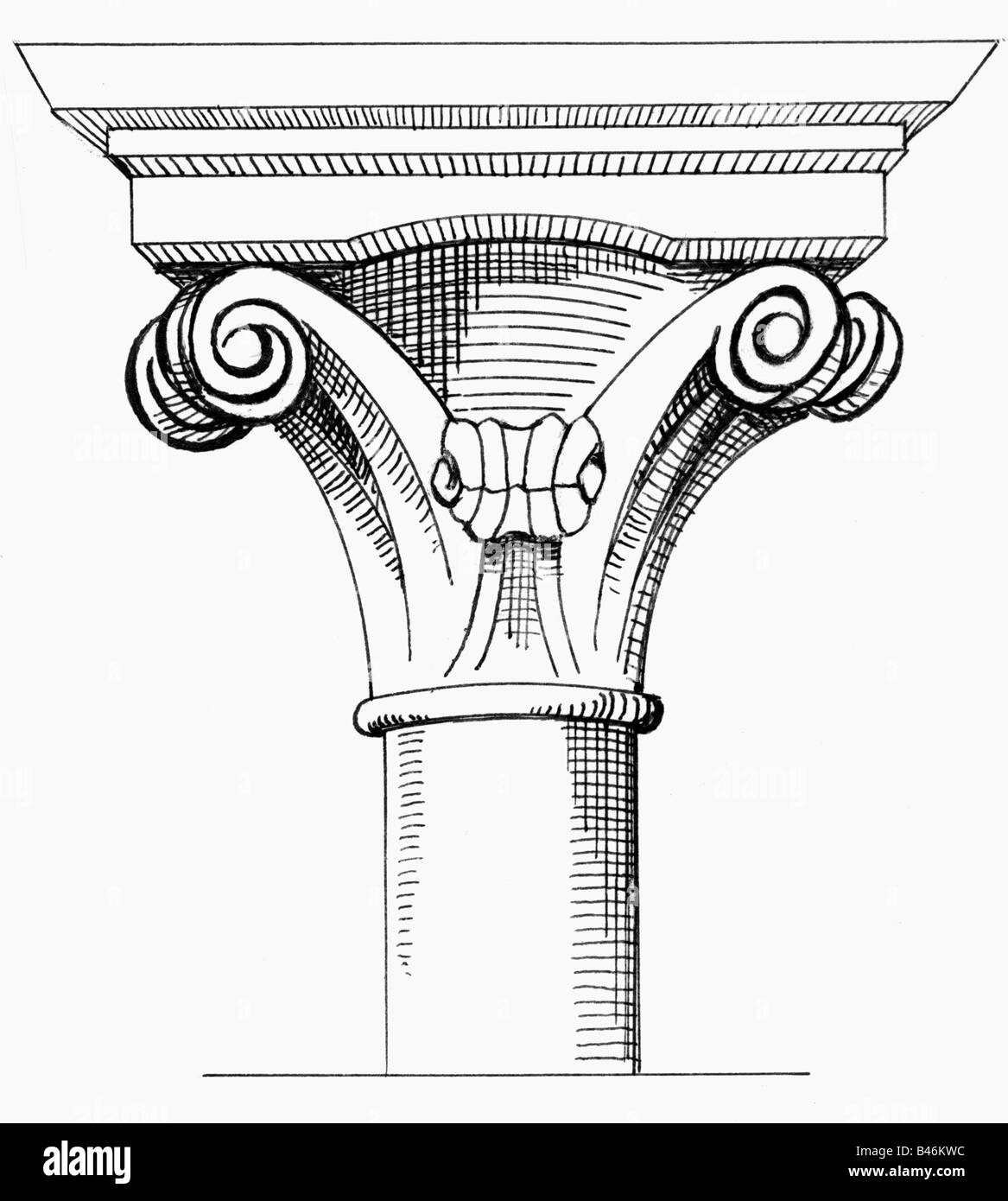 architecture, detail, columns, bud capitel, ink drawing, 20th century, middle ages, Gothic, column, historic, historical, medieval, Stock Photo
