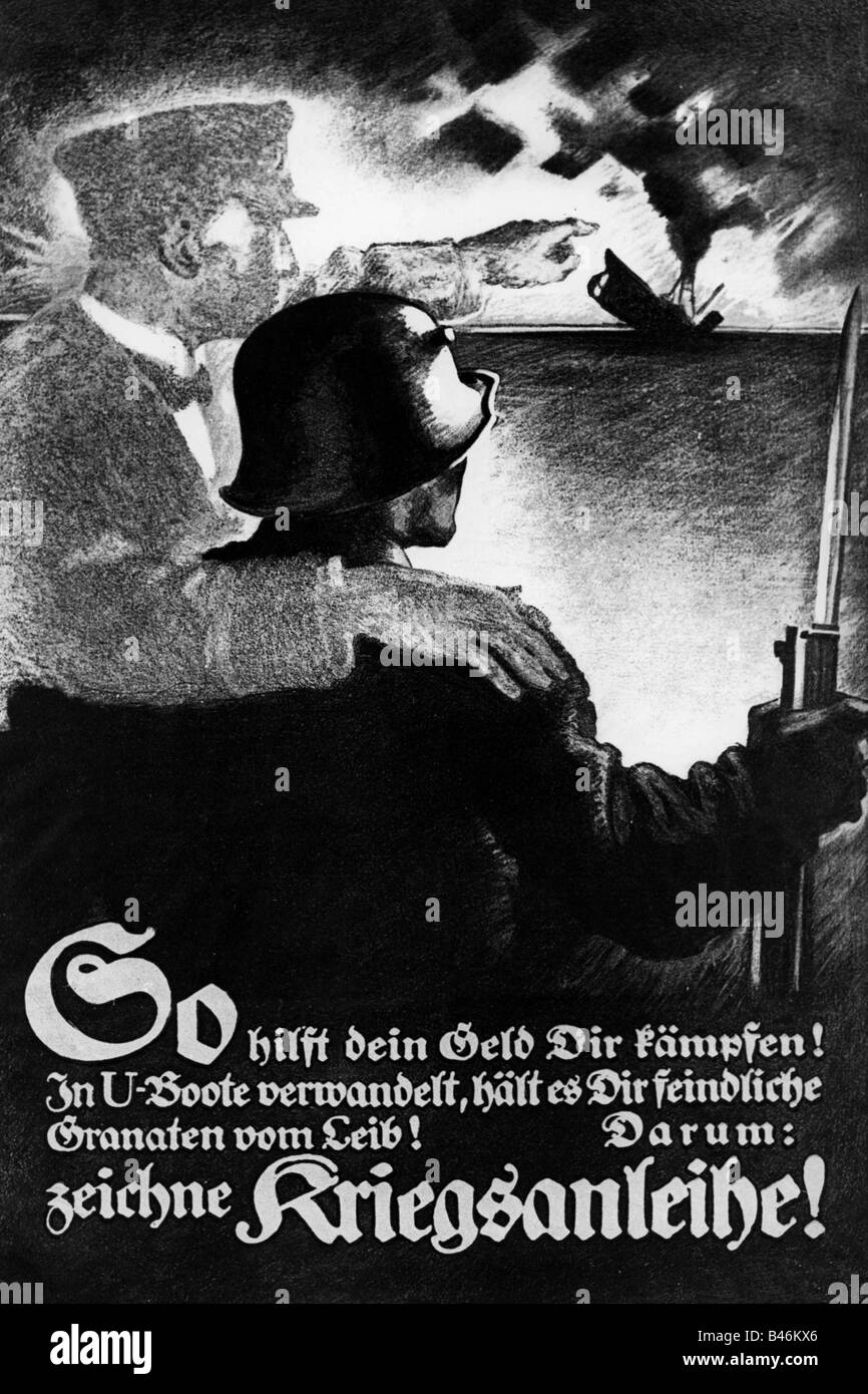 events, First World War / WWI, propaganda, poster 'So hilft Dein Geld Dir kaempfen!' (That`s how your money helps you to fight), advertisement for war bonds, Germany, circa 1917, Stock Photo