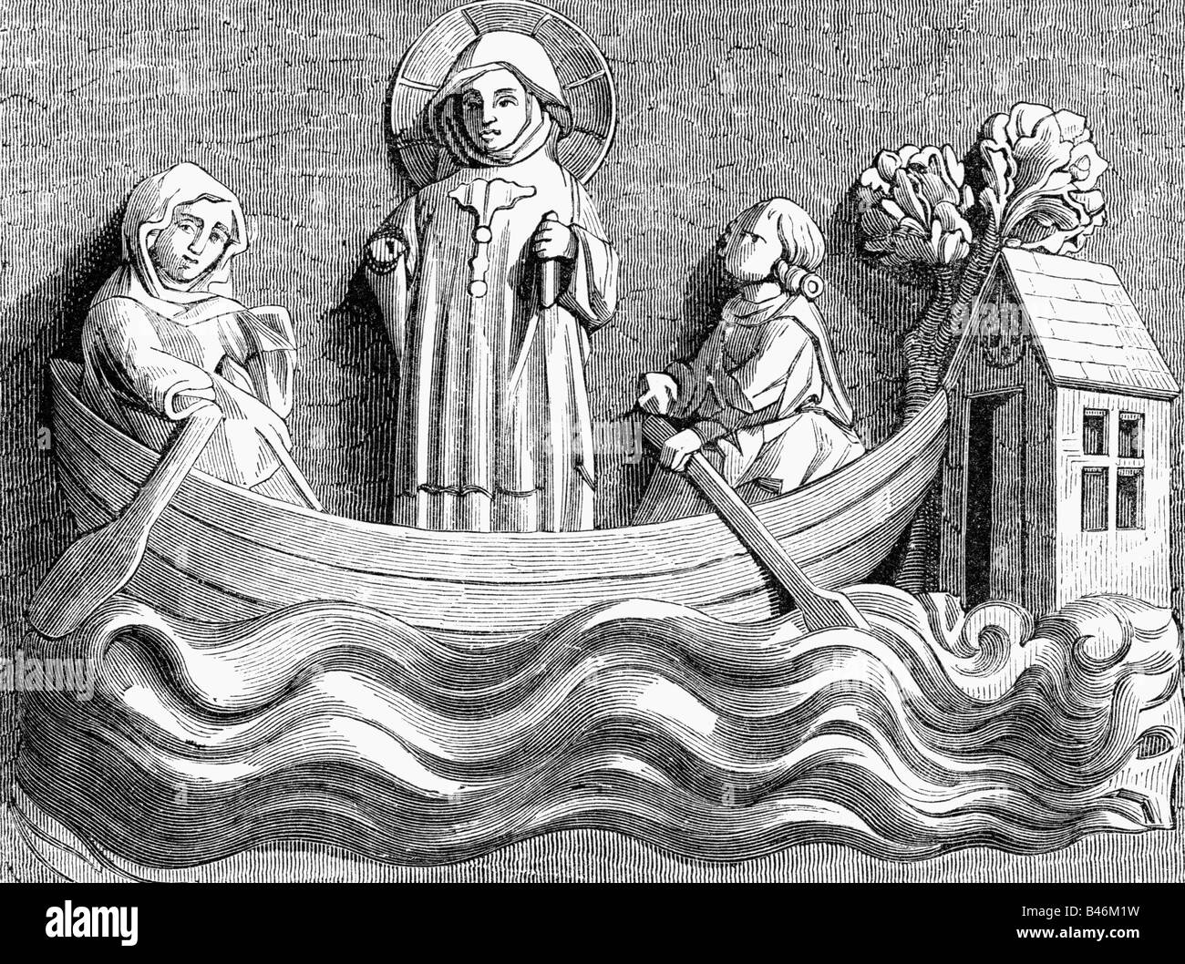 religion, christianity, Jesus Christ in guise of a leper is taken with boat by Saints Julian and Basilissa, relief, porch, Saint Julien de Pauvre, Paris, 13th century, wood engraving, 19th century, leprosy, middle ages, skulpture, Romansque, France, historic, historical, medieval, people, Stock Photo