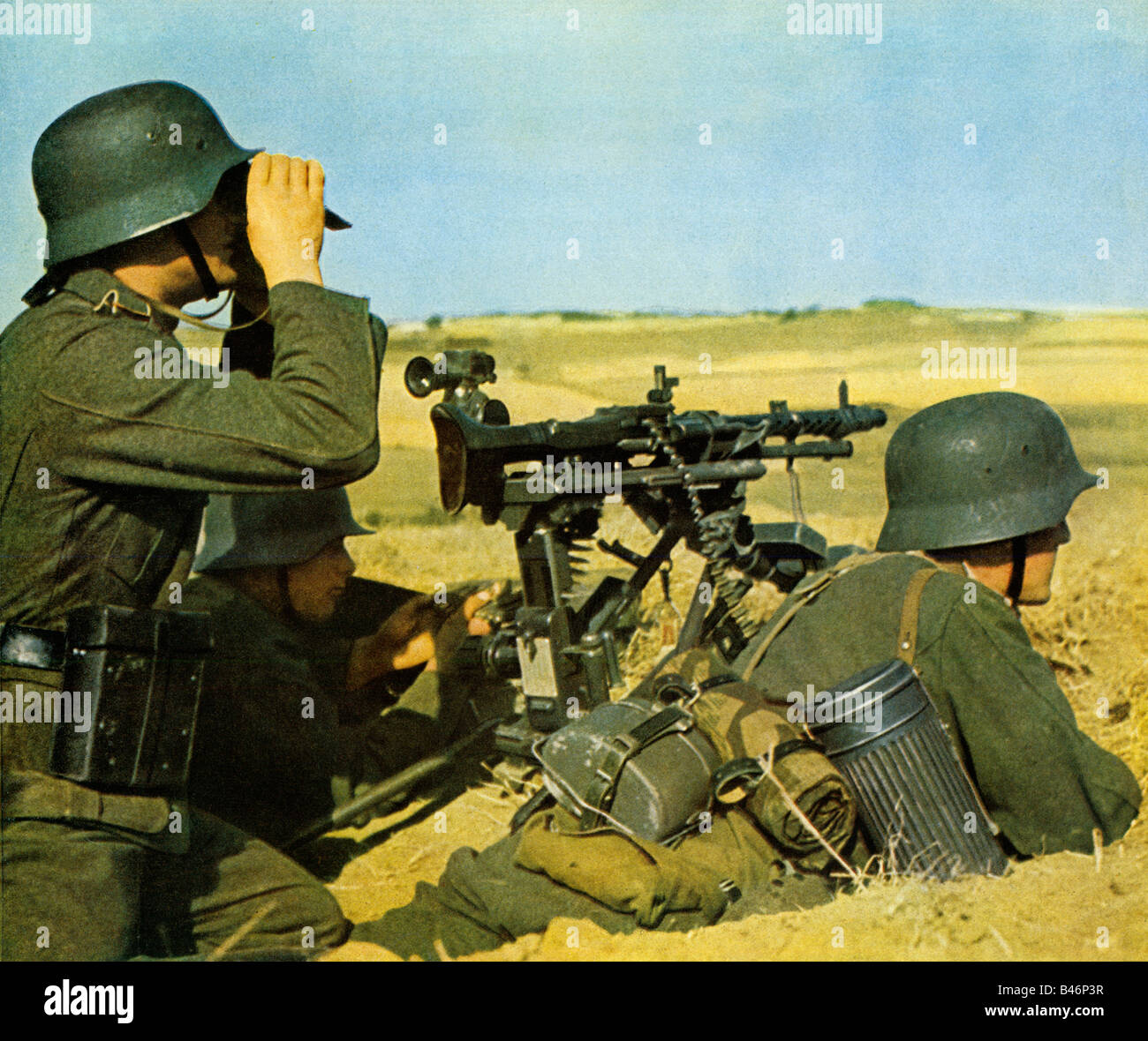 Wehrmacht Machine Gun Nest grenadiers survey the field of fire early in the Russian campaign in WW II Stock Photo