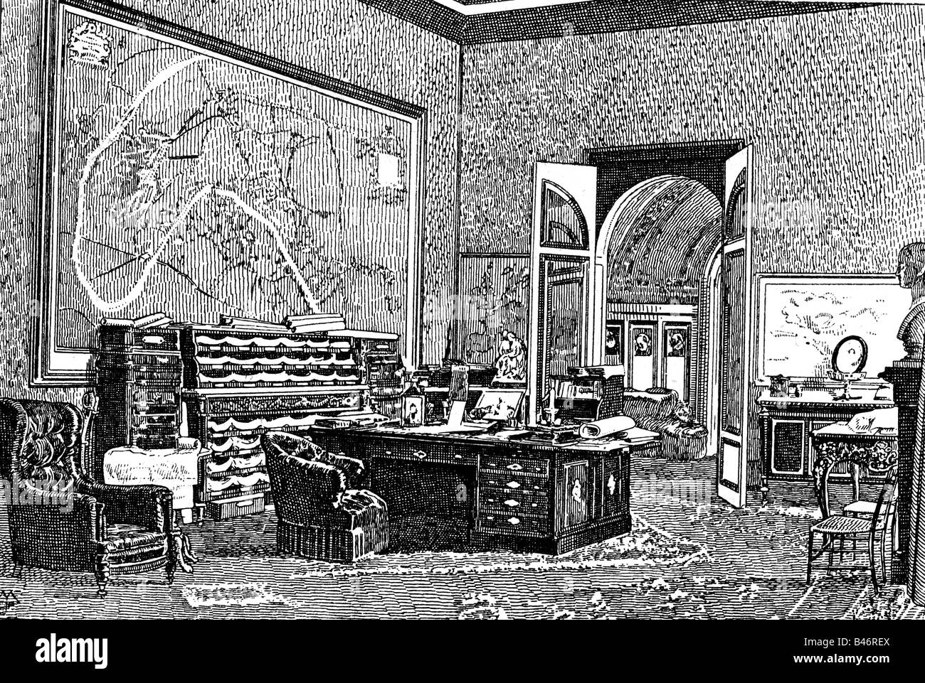 Napoleon III, 20.4.1808 - 9.1.1873, Emperor of the French 2.12.1852 - 2.9.1870, his office at the Tuileries Palace, wood engraving, 19th century, Stock Photo